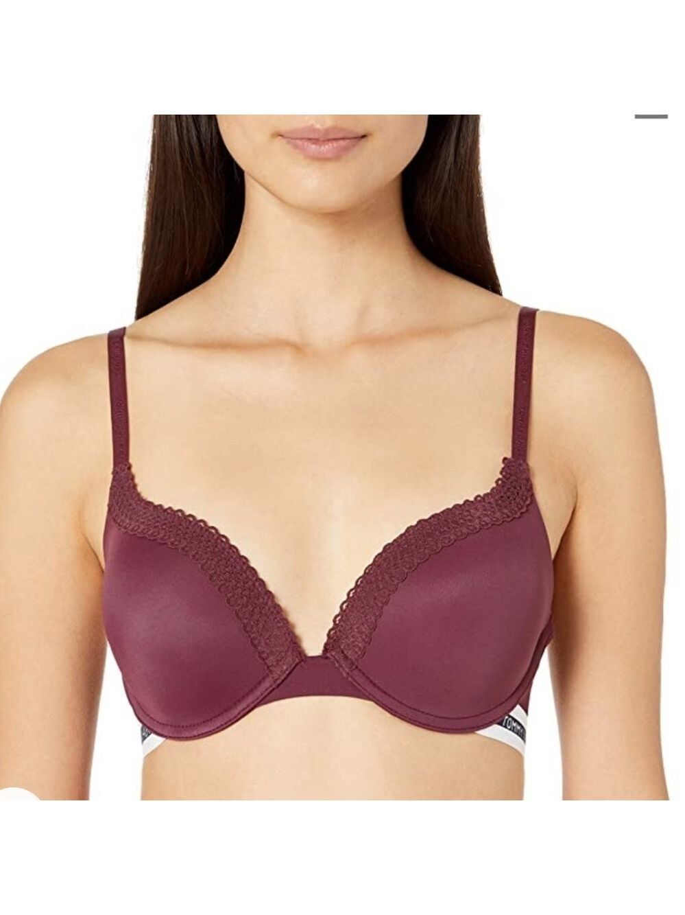 TOMMY HILFIGER LOGO SEAMLESS LACE TRIM PUSH-UP CONVERTIBLE BRA CABERNET 34C